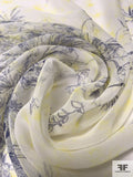 Floral Line-Drawing Printed Silk Chiffon - Navy / Yellow / Light Ivory