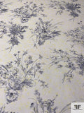 Floral Line-Drawing Printed Silk Chiffon - Navy / Yellow / Light Ivory