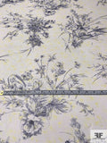 Floral Line-Drawing Printed Silk Chiffon - Navy / Yellow / Light Ivory