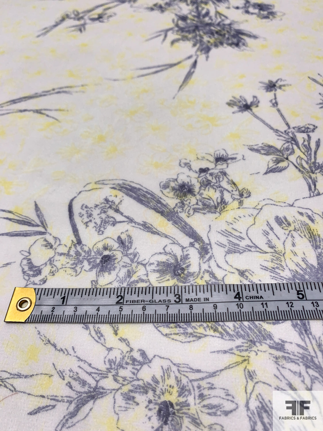 Ivory & Yellow Floral Printed Blue Cotton Blend Cloqué