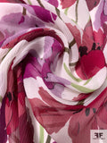 Painterly Floral Printed Crinkled Silk Chiffon - Wine / Boysenberry / Pear Green / Off-White