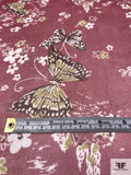 Butterflies and Floral Clusters Printed Silk Chiffon - Cranberry Rose / Lime Green / Maroon / Off-White