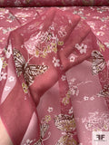 Butterflies and Floral Clusters Printed Silk Chiffon - Cranberry Rose / Lime Green / Maroon / Off-White