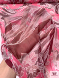 Large-Scale Leaf and Floral Printed Crinkled Silk Chiffon - Pink / Wine / Off-White / Grey