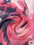 Painterly Abstract Floral Printed Silk Chiffon - Pink / Navy / Off-White