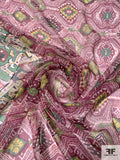 Ethnic Printed Slightly Crinkled Silk Chiffon with Glitter Detailing - Plum / Green / Yellow / Navy