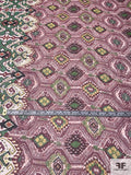 Ethnic Printed Slightly Crinkled Silk Chiffon with Glitter Detailing - Plum / Green / Yellow / Navy