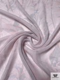 Floral Stalks Printed Slightly Crinkled Silk Chiffon - Light Grey / Pale Dusty Teal / Pink