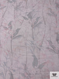 Floral Stalks Printed Slightly Crinkled Silk Chiffon - Light Grey / Pale Dusty Teal / Pink