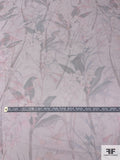 Floral Stalks Printed Slightly Crinkled Silk Chiffon - Light Grey / Pale Dusty Teal / Pink