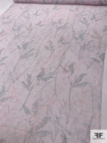 Floral Stalks Printed Slightly Crinkled Silk Chiffon - Light Grey / Pale Dusty Teal / Pink