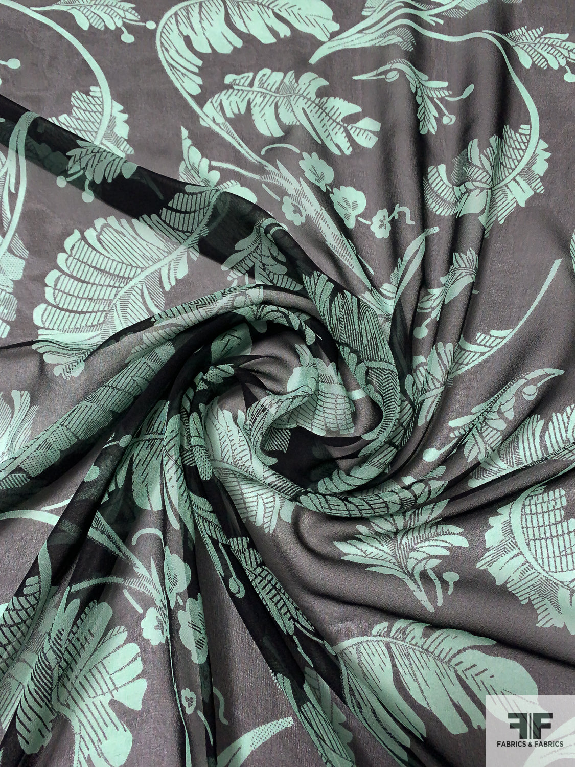 Leaf Printed Silk Chiffon - Cool Green / Black | FABRICS & FABRICS ...