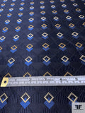 Art Deco Geometric Silk Necktie Jacquard Brocade - Navy / Blue / Turmeric / Champagne