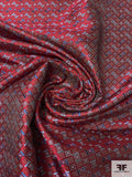 Geometric Squares Silk Necktie Jacquard Brocade - Blood Red / Navy / Light Blues