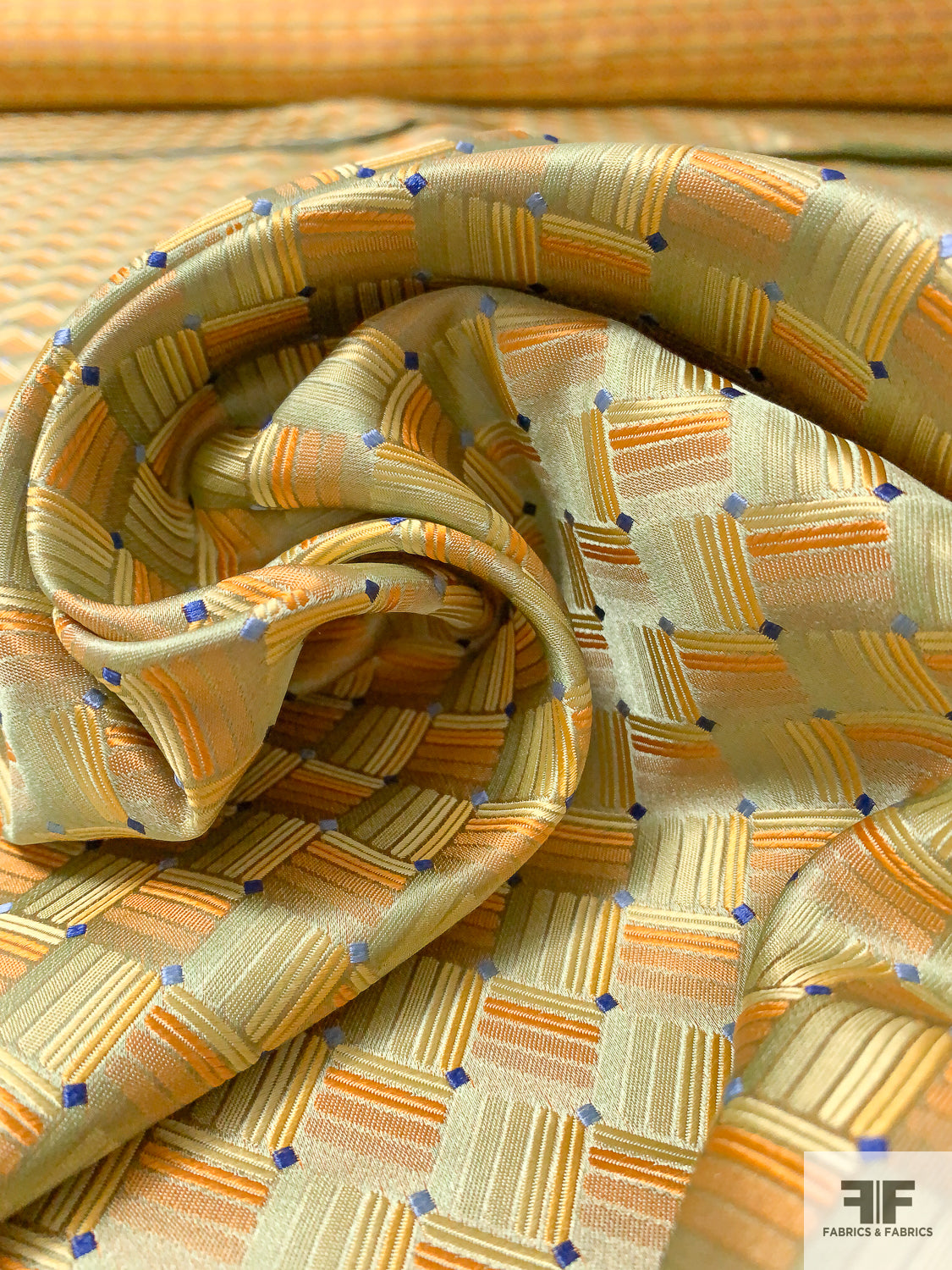 Geometric Basket Silk Necktie Jacquard Brocade - Orange / Yellow / Olive-Gold / Blue