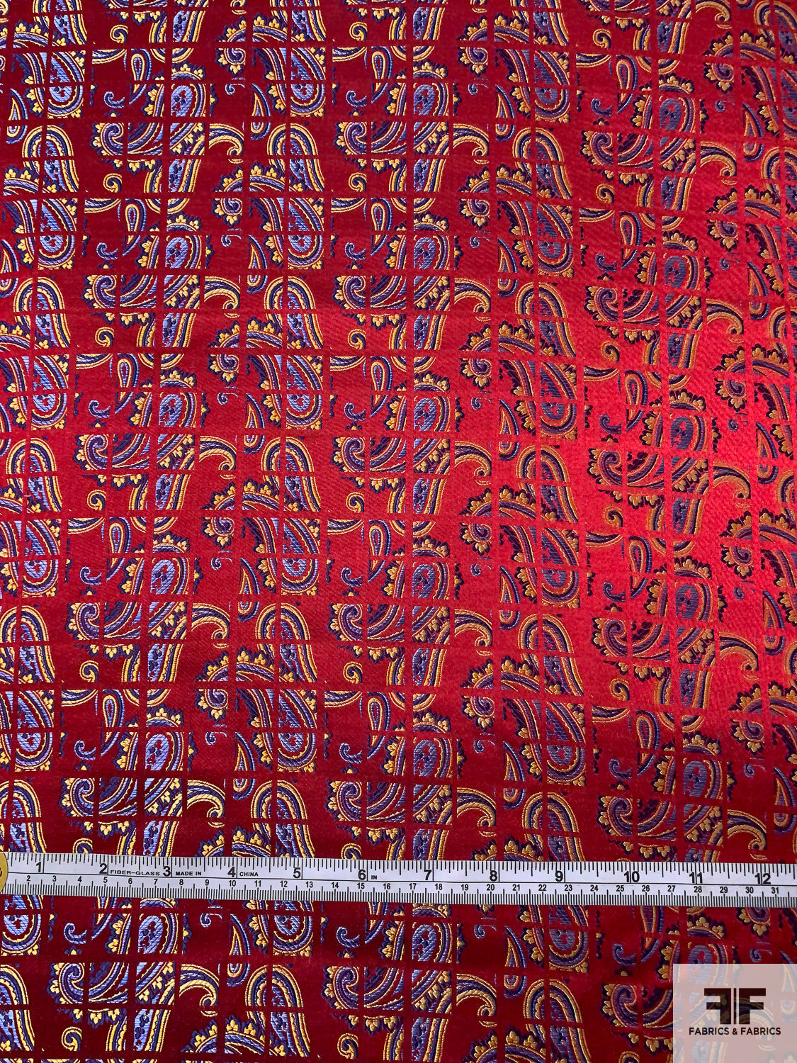 Paisley Grid Silk Necktie Jacquard Brocade - Cherry Red / Blues / Gold