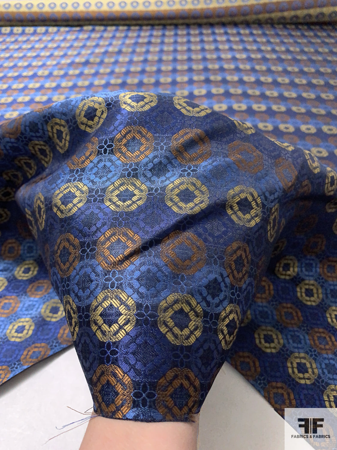 Linked Floral Silk Necktie Jacquard Brocade - Blue / Copper / Antique Yellow