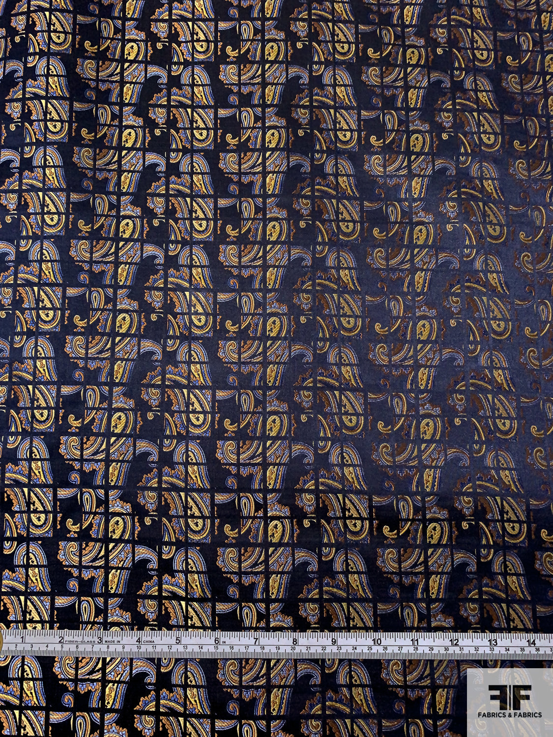 Paisley Grid Silk Necktie Jacquard Brocade - Navy / Ochre / Yellow / Blue