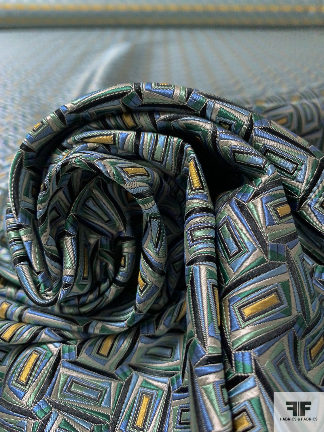 Rectangles Silk Necktie Jacquard Brocade - Blue / Green / Navy
