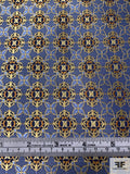 Ornate Lattice Link Silk Necktie Jacquard Brocade - Slate Blue / Gold / Ochre