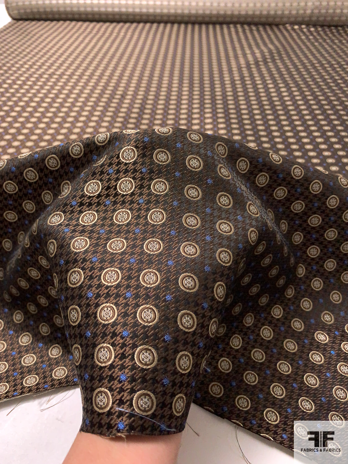 Houndstooth and Circles Silk Necktie Jacquard Brocade - Brown / Black / Beige / Blue