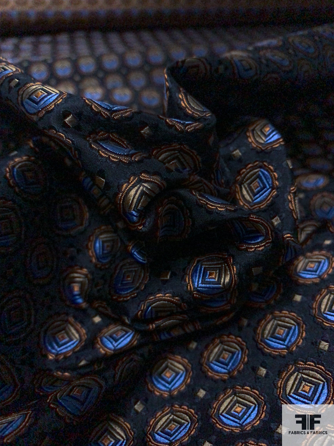 Geometric Circles Silk Necktie Jacquard Brocade - Black / Rust / Carolina Blue / Khaki Olive