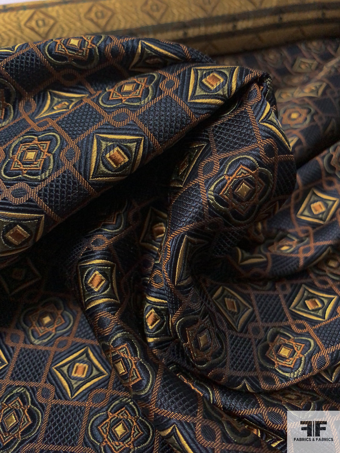 Floral Geometric Lattice Silk Necktie Jacquard Brocade - Black / Brown / Olive / Antique Light Gold