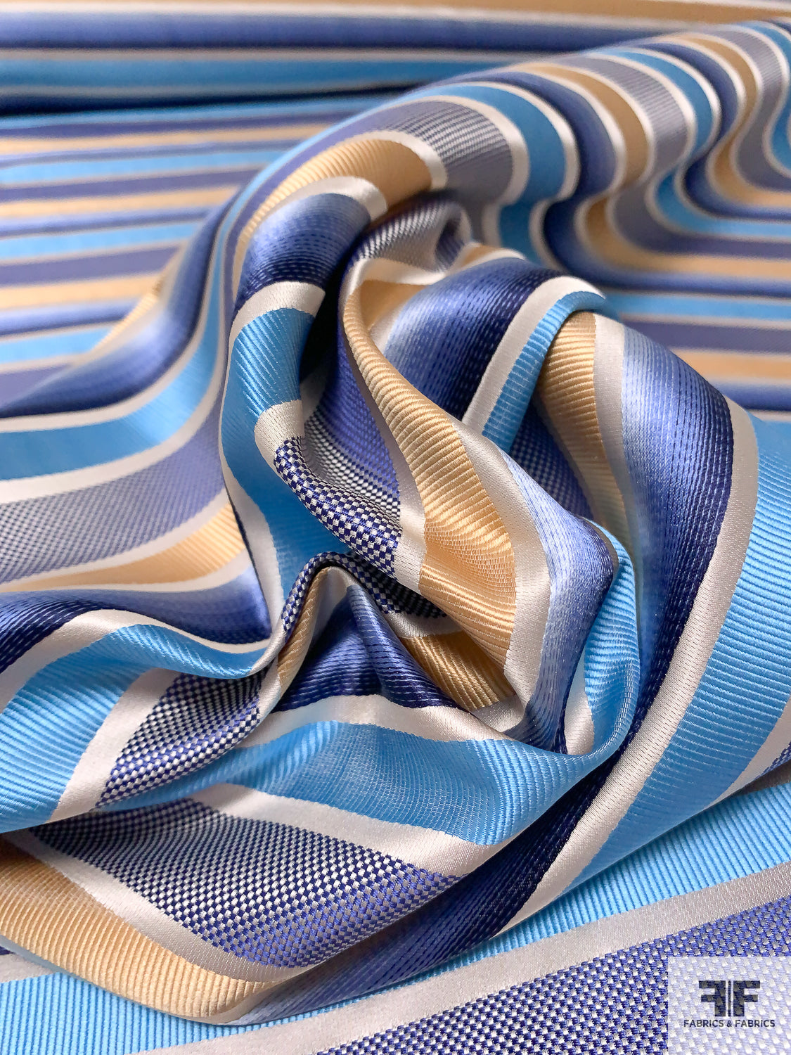 Horizontal Striped Silk Necktie Jacquard Brocade - Blues / Champagne-Peach / Light Grey