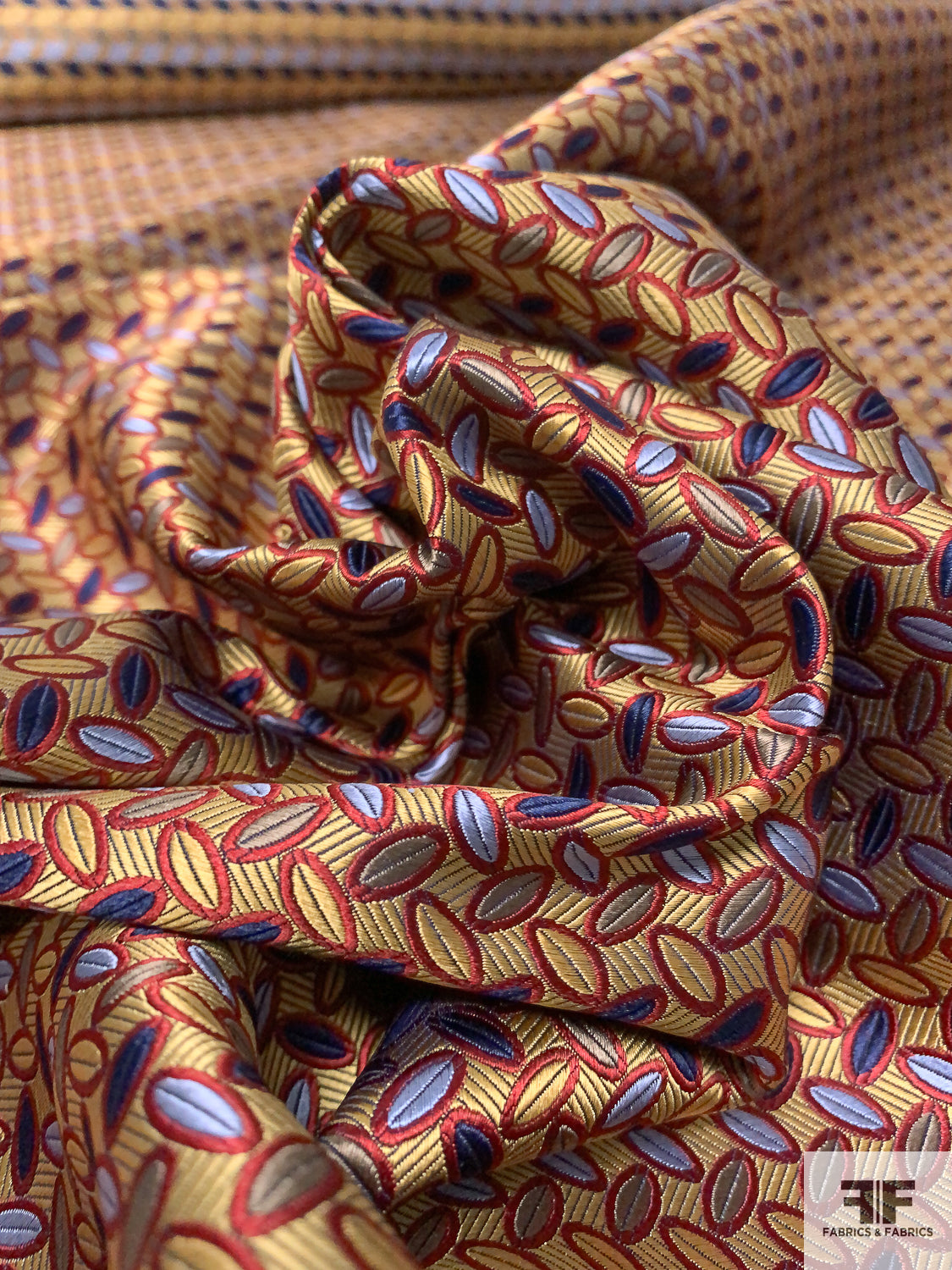 Leaf Geometric Silk Necktie Jacquard Brocade - Yellow-Gold / Burgundy / Navy