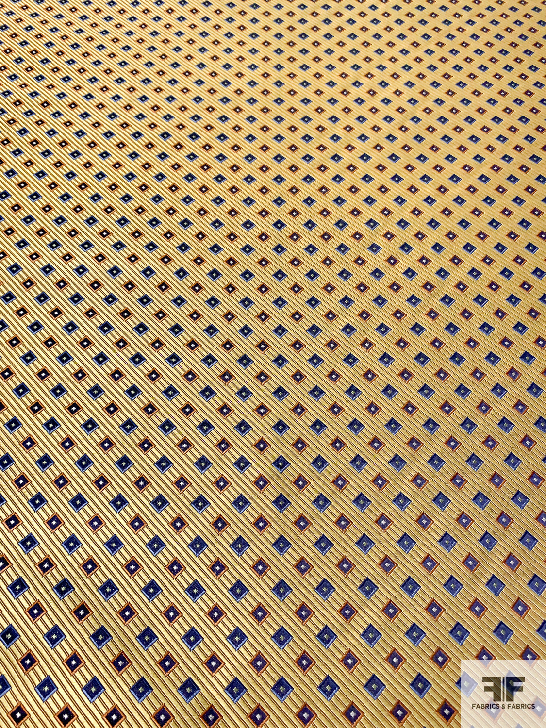 Squares and Diagonal Striped Silk Necktie Jacquard Brocade - Yellow / Blue / Light Rust
