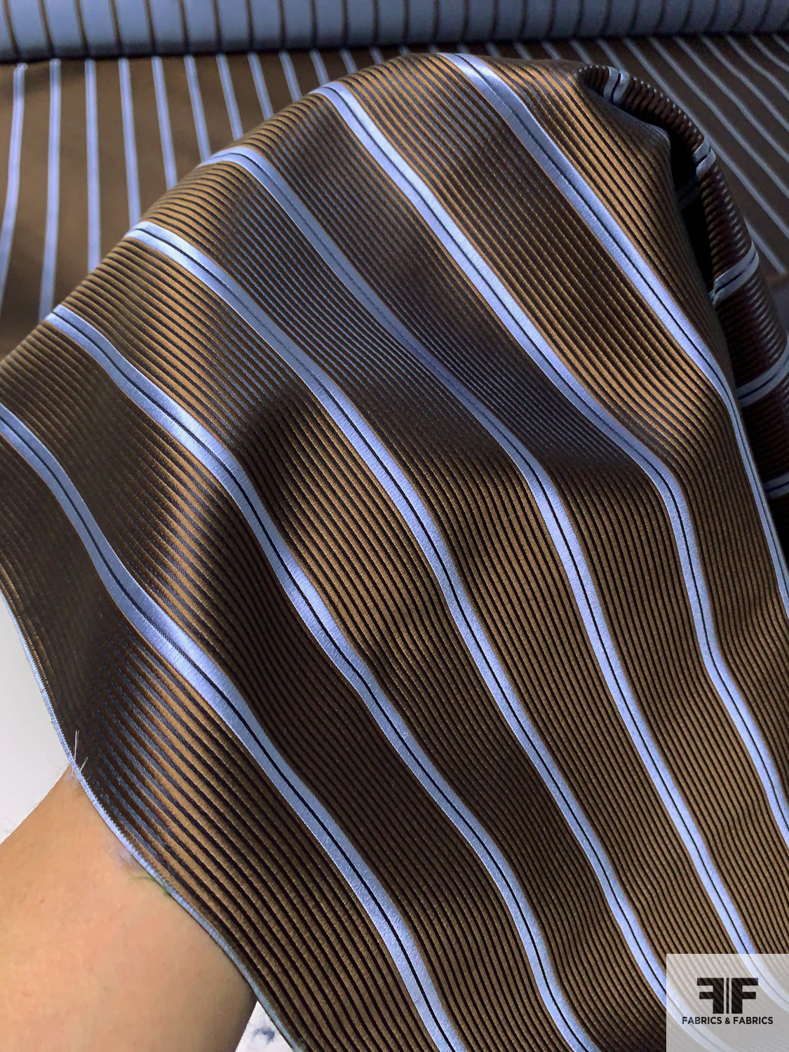 Vertical Striped Silk Necktie Jacquard Brocade - Sky Blue / Navy / Brown