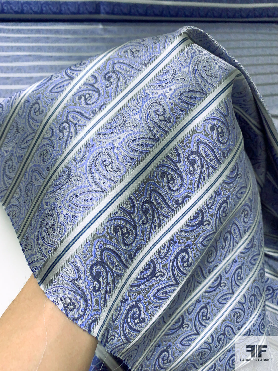 Paisley Striped Silk Necktie Jacquard Brocade - Periwinkle Blue / Grey / Navy