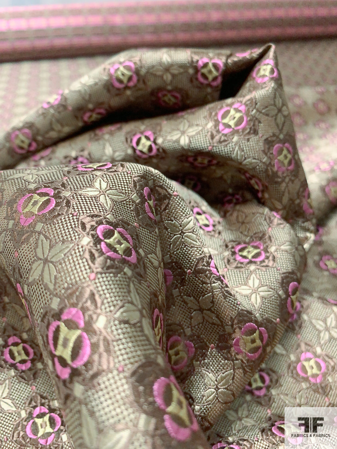 Floral Grid Silk Necktie Jacquard Brocade - Smokey Taupe / Brown / Orchid Pink