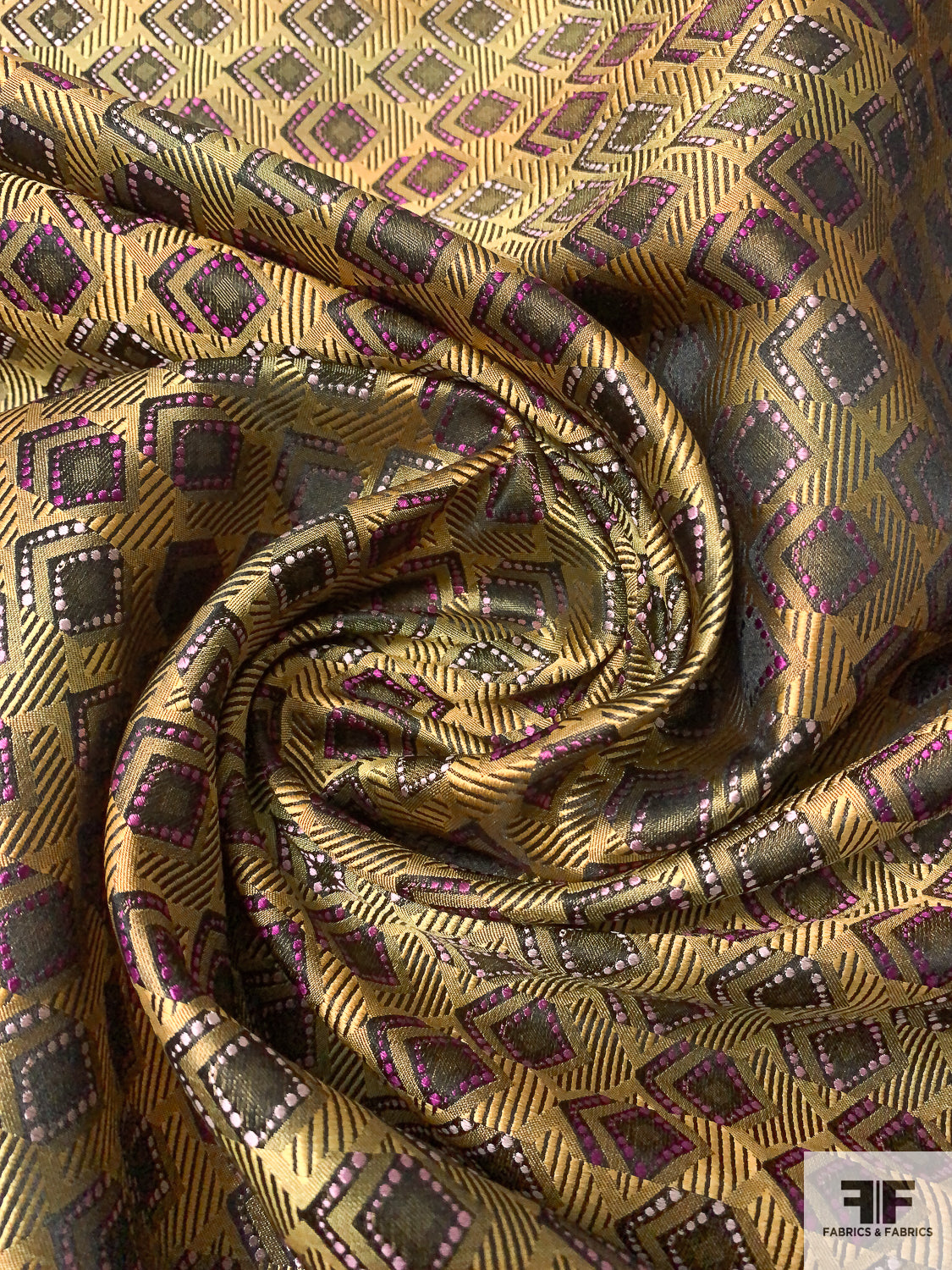 Dimensional Geometric Silk Necktie Jacquard Brocade - Golden Olive / Purples / Black