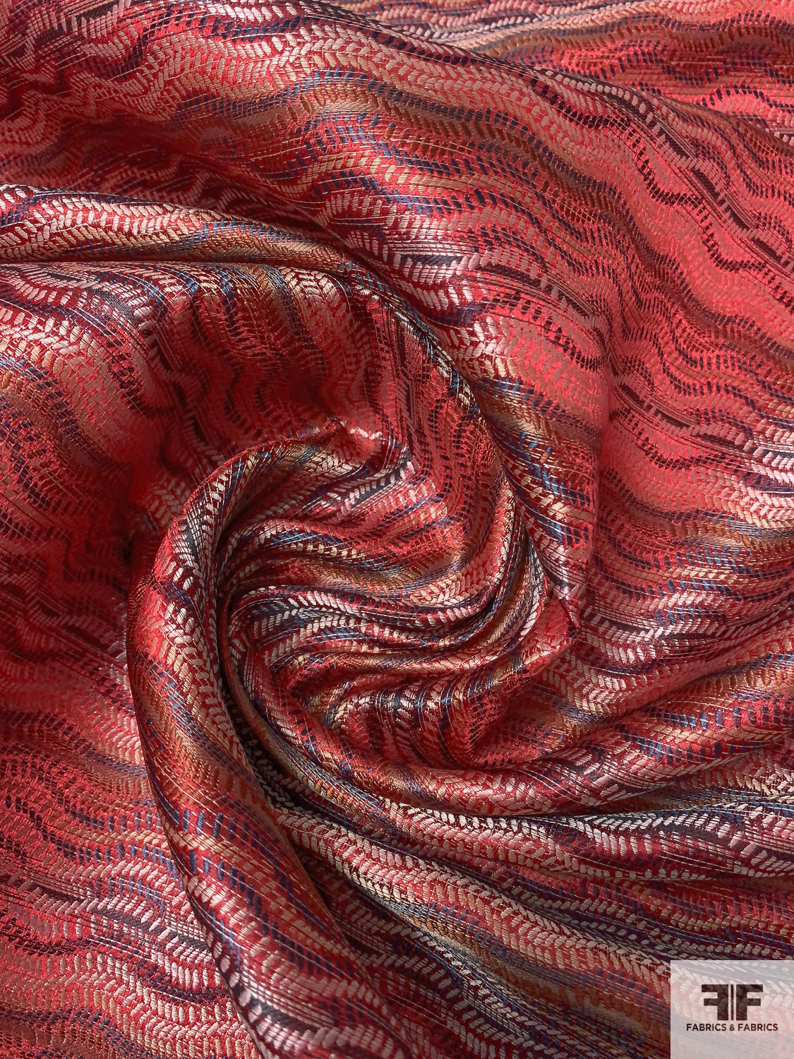 Wavy Striped Silk Necktie Jacquard Brocade - Reds / Blues / Saddle Brown