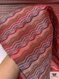 Wavy Striped Silk Necktie Jacquard Brocade - Reds / Blues / Saddle Brown