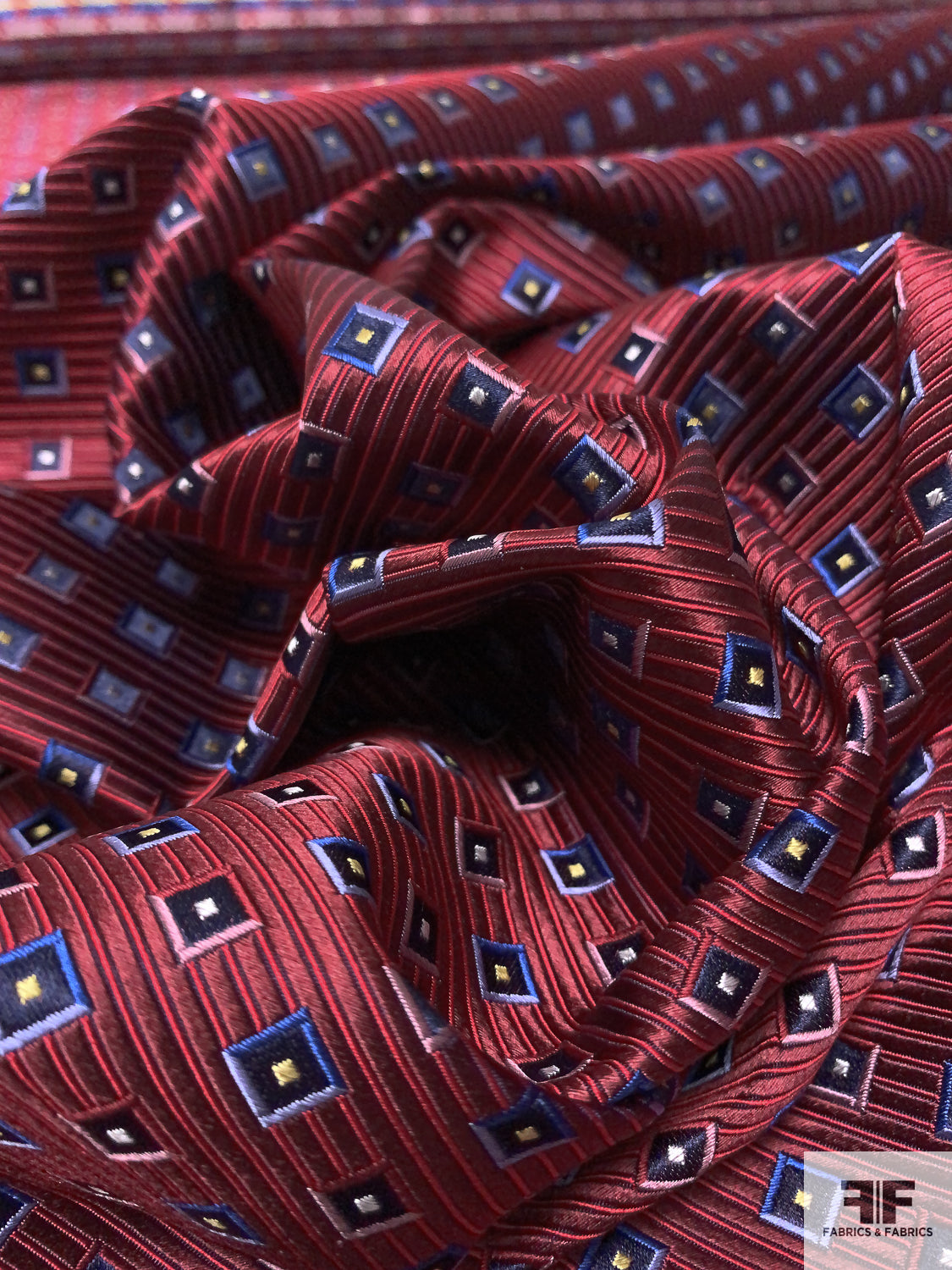 Squares and Diagonal Striped Silk Necktie Jacquard Brocade - Red / Navy / Blues