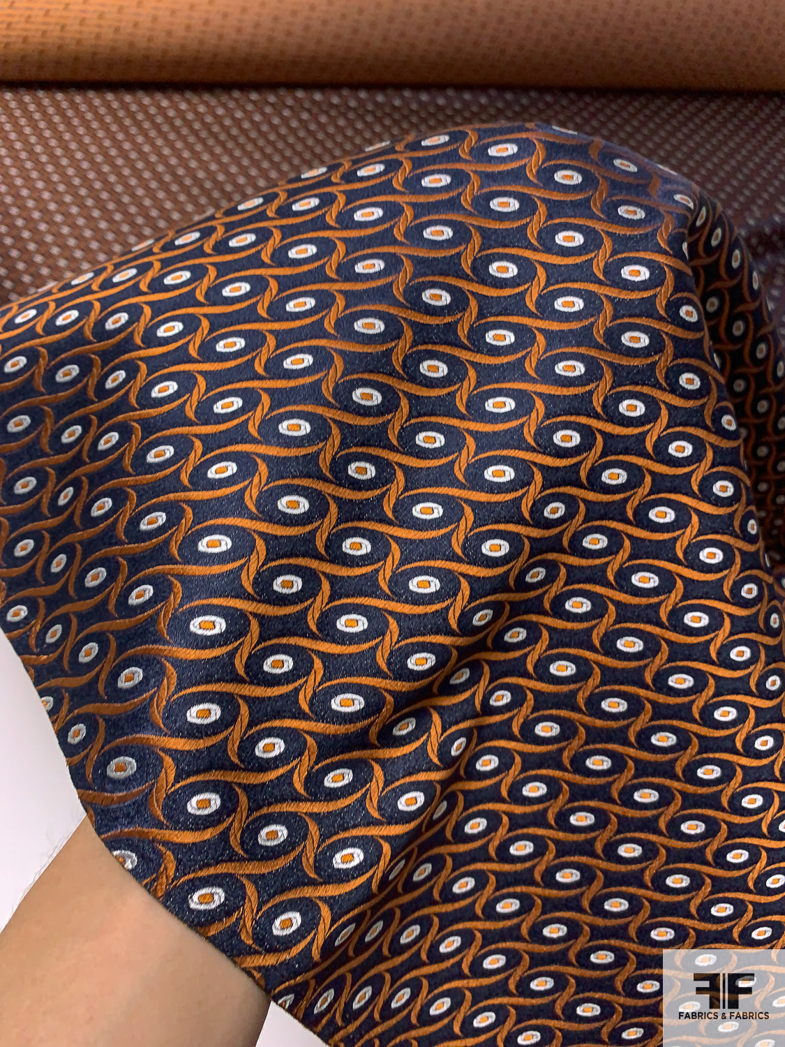 Wavy Oval Silk Necktie Jacquard Brocade - Navy / Orange / White