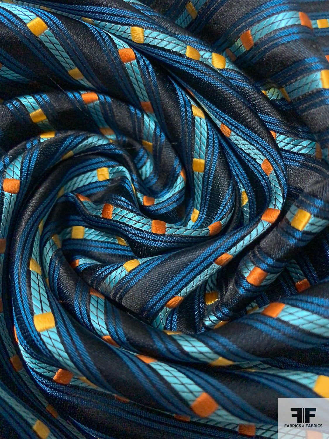 Box Striped Silk Necktie Jacquard Brocade - Teal / Seafoam / Black / Orange