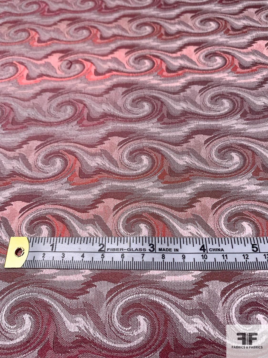 Wave Design Silk Necktie Jacquard Brocade - Strawberry Red / Grey