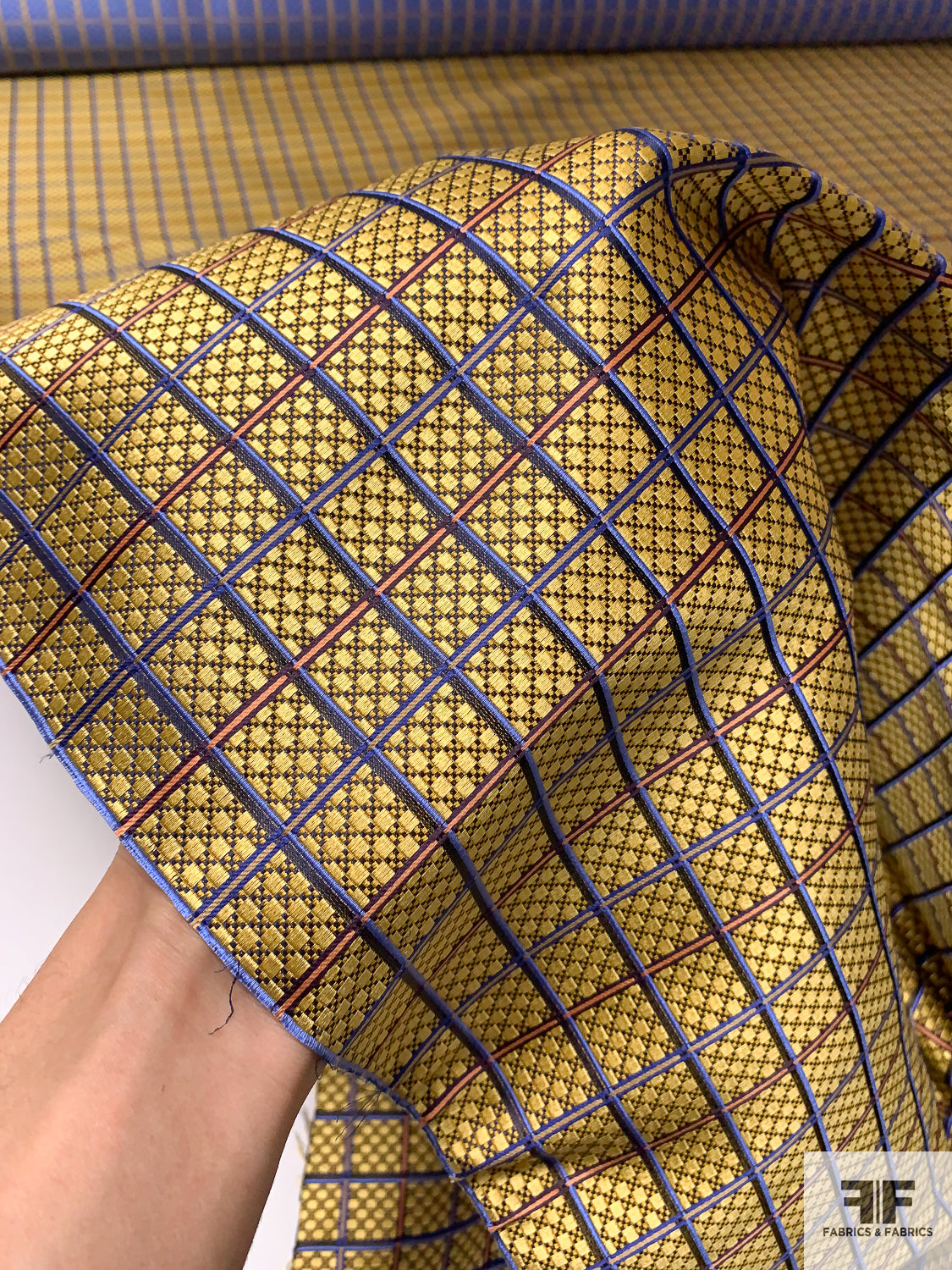 Micro-Checkered Windowpane Silk Necktie Jacquard Brocade - Yellow-Gold / Blue / Navy / Coral