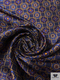 Floral Geometric Lattice Silk Necktie Jacquard Brocade - Navy / Caramel / Maroon