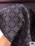 Floral Geometric Lattice Silk Necktie Jacquard Brocade - Navy / Caramel / Maroon