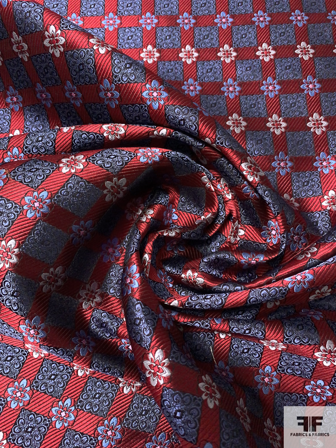 Ornate Grid Silk Necktie Jacquard Brocade - Maroon / Carolina Blue / Grey