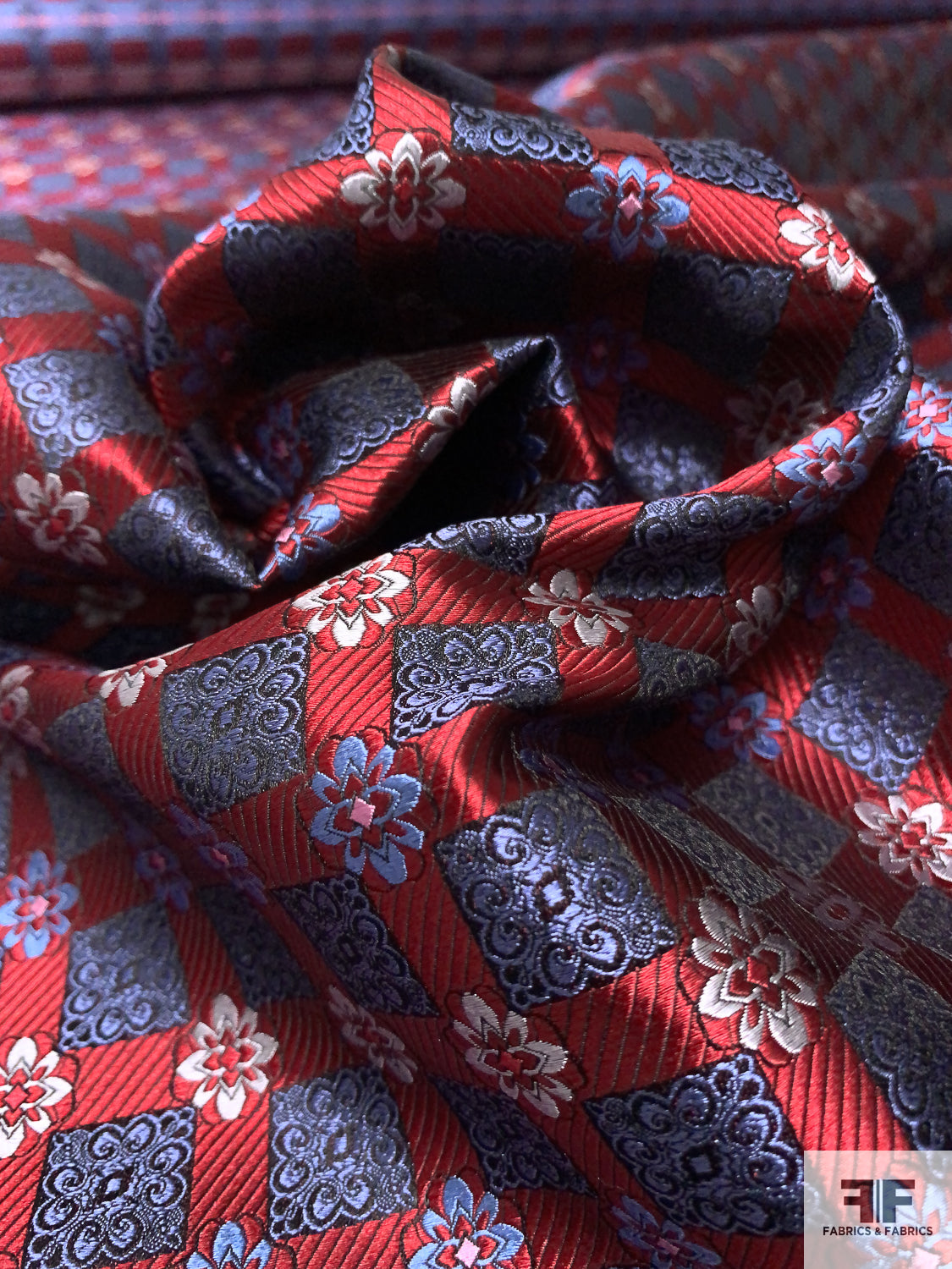 Ornate Grid Silk Necktie Jacquard Brocade - Maroon / Carolina Blue / Grey