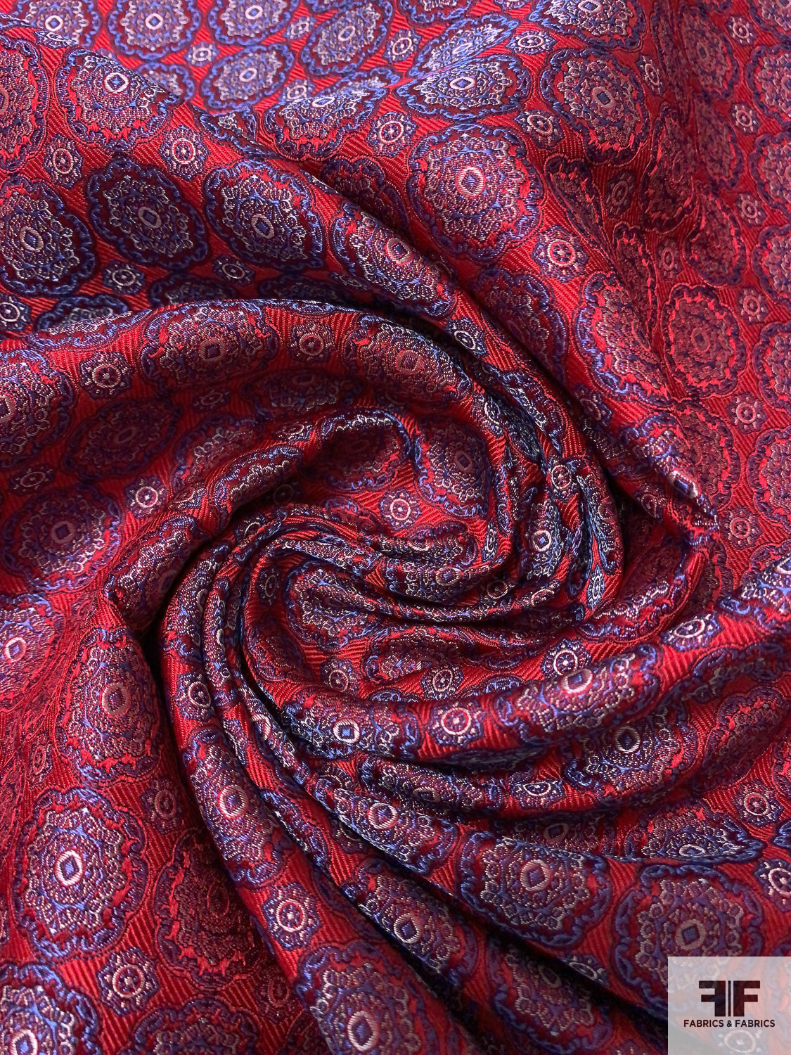 Ornate Circles Silk Necktie Jacquard Brocade - Red / Blue / Grey
