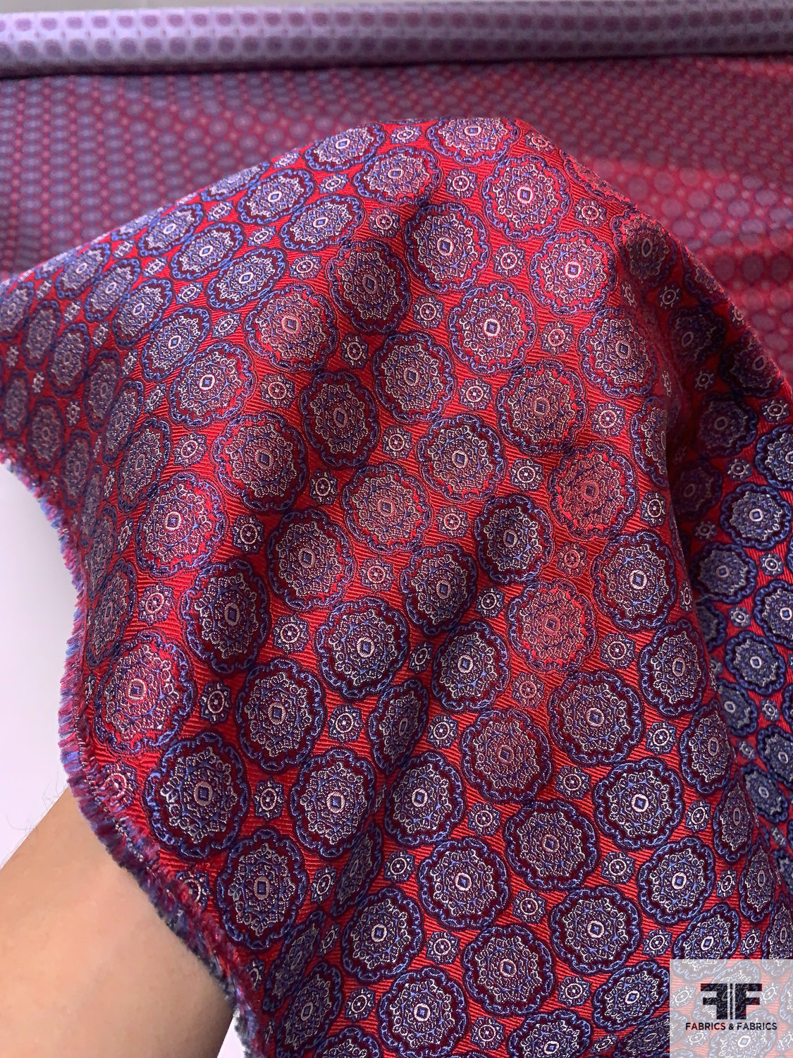Ornate Circles Silk Necktie Jacquard Brocade - Red / Blue / Grey