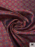Floral Geometric Lattice Silk Necktie Jacquard Brocade - Cherry Red / Blue / Gold