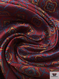 Floral Geometric Lattice Silk Necktie Jacquard Brocade - Cherry Red / Blue / Gold