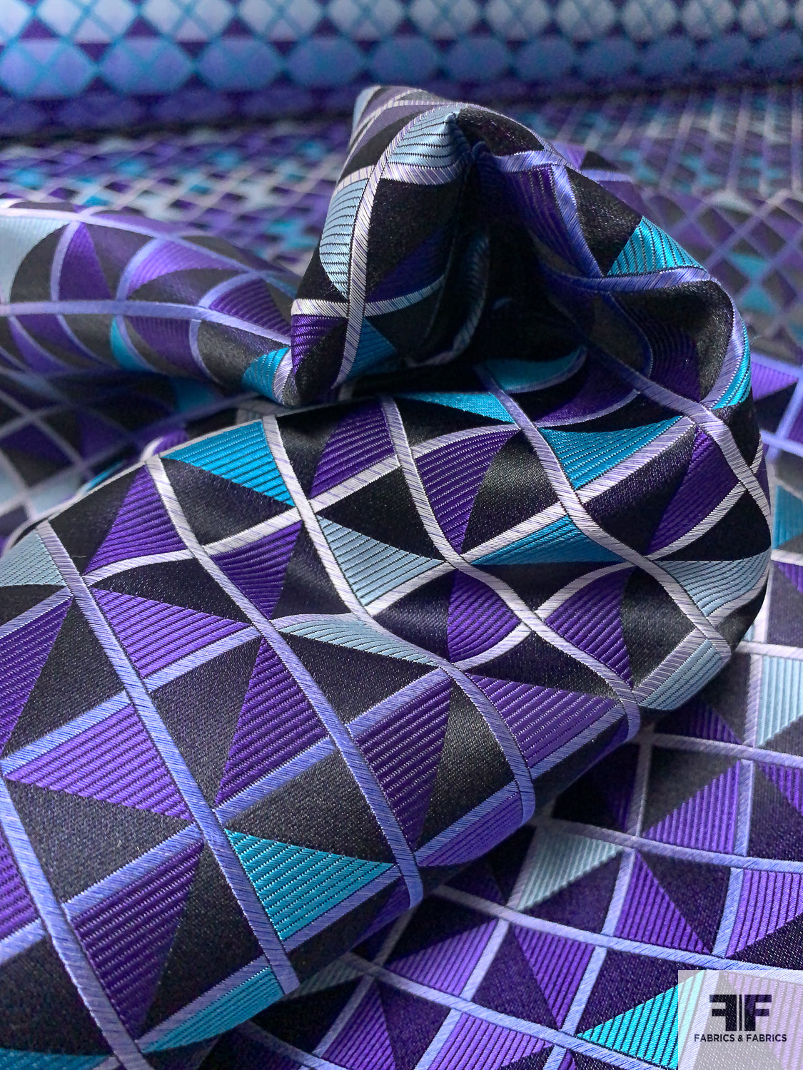 Triangular Squares Silk Necktie Jacquard Brocade - Turquoise / Purple / Black / Grey